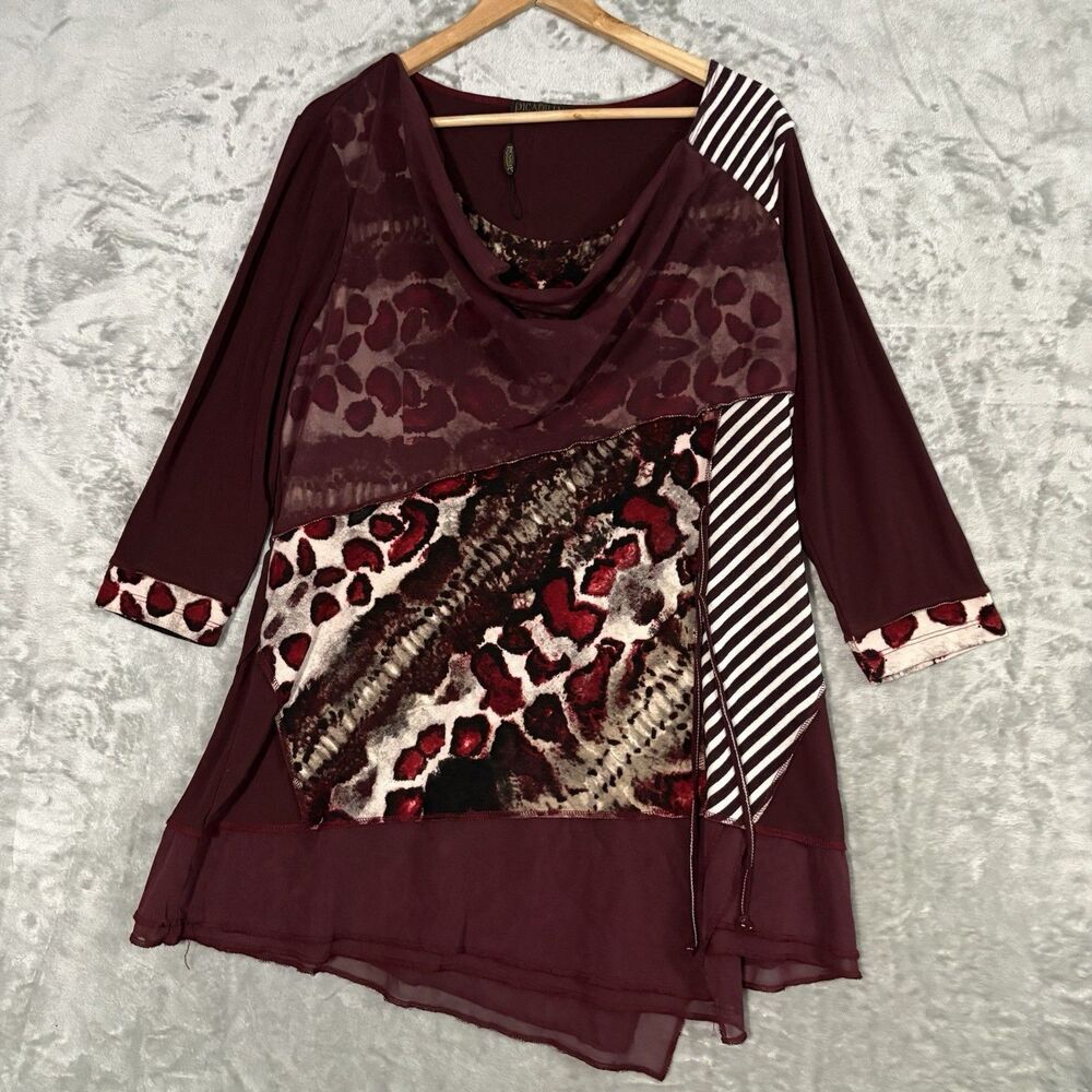 Picadilly Fashions Top Mixed Media Animal Print Striped Cowl Neck Artsy Tunic M